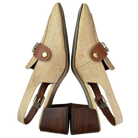 Arezzo Emory Crystal Slingback Pumps Tan Raffia Brown Leather Heels Size 11 - Picture 12 of 16